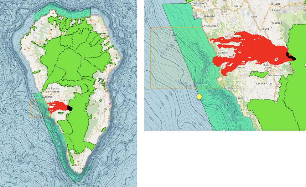 The maps of La Palma Island. Location of the deployment of the EGIM in front of the lava flow (yellow dot). The volcano's craters (black dots). The area affected by the lava (in red) and the Nature 2000 protected ecosystems (green areas). The orange square highlights the exclusion zone.